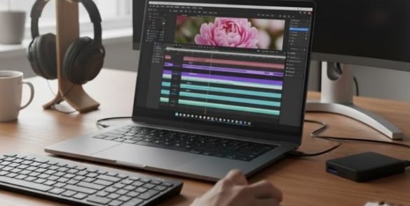 14-inch laptop video editing setup Compact laptop external monitor configuration Video editing proxy workflow Portable laptop color grading workspace Small screen editing optimization tips