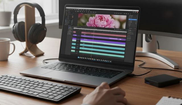 14-inch laptop video editing setup Compact laptop external monitor configuration Video editing proxy workflow Portable laptop color grading workspace Small screen editing optimization tips