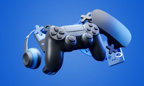 Black standard geypad, headphones and game console in the background on a blue background. 3d rendering.